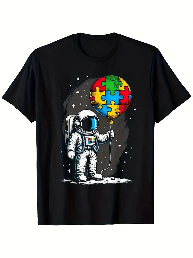 Casual Summer T-Shirt Featuring Astronaut Balloon Graphic With Puzzle Piece Motif Comfortable Short Sleeve Crewneck Boys Girls