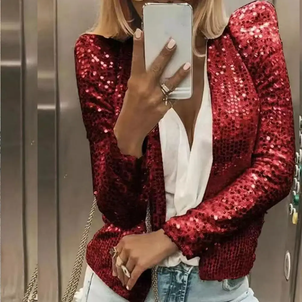 Sequin Decoration Women Blazer Coat Sequin Jacket Women Open Front Sequin Jacket Crew Neck Long Sleeve Slim Fit Cardigan Blazer