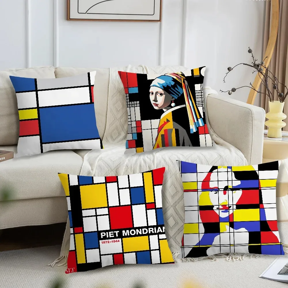 

Abstract Geometric Art Cushion Cover Mondrian Color Block Peach Skin Pillowcase Modern Home Sofa Living Room Throw Pillow Decor