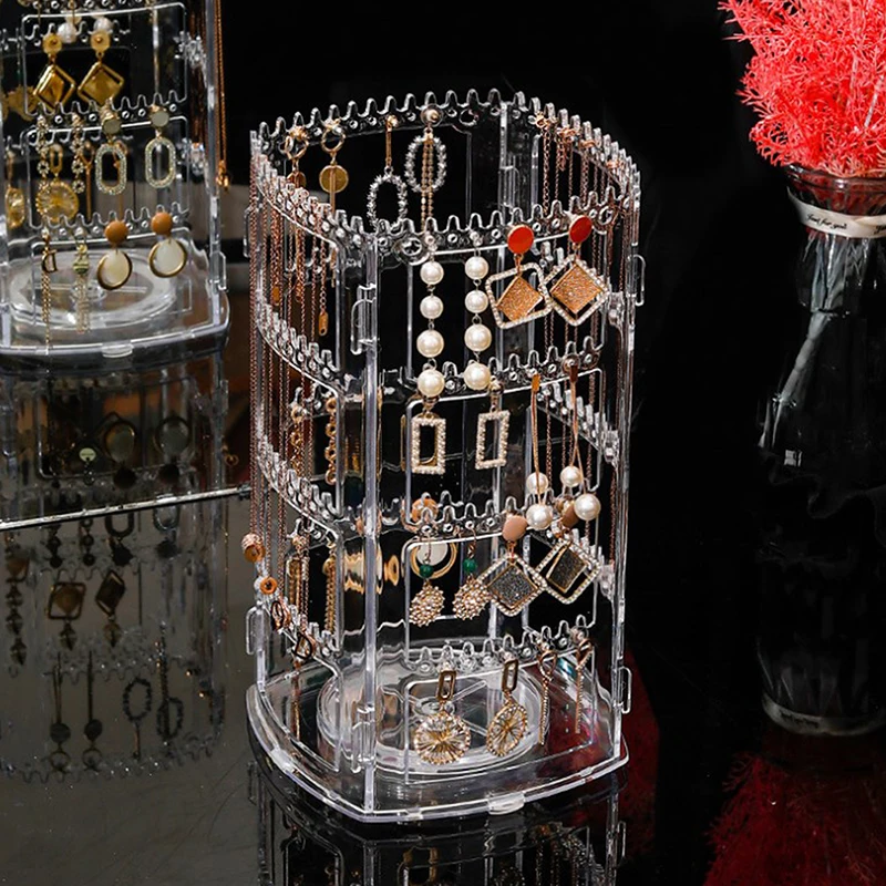 360 Degree Rotating Jewelry Storage Box Earring Display Stand Plastic Earring Organizer Holder Showcase Jewelry Makeup Case