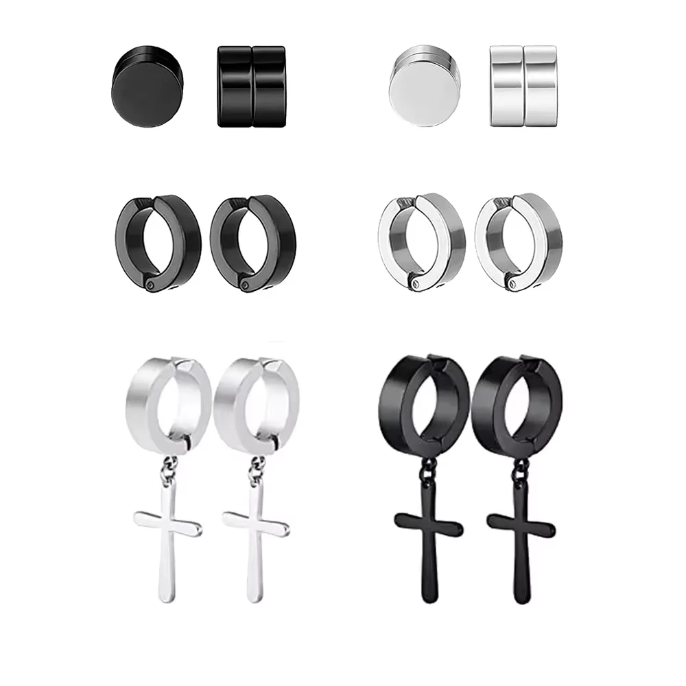 1 Pairs Magnetic Ear Clip Earrings For Men Women Stainless Steel Non-Piercing Cross Dangle Hoop Unisex Clip On Earrings Jewelry