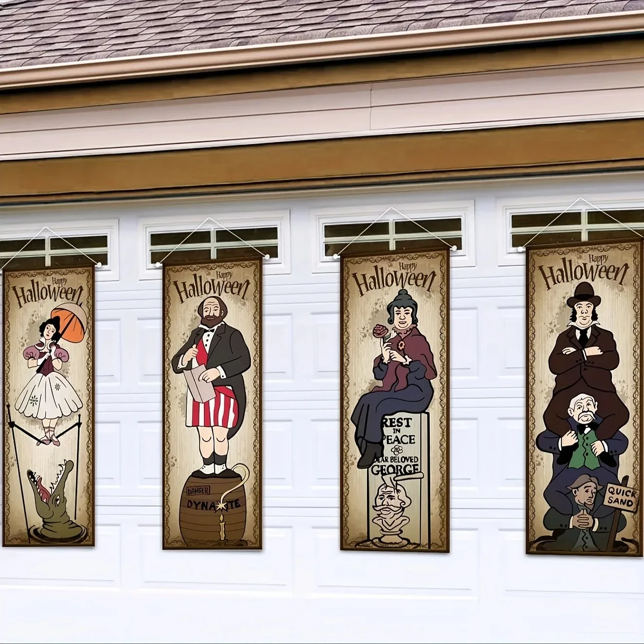 Vintage Haunted Mansion Halloween Vertikales Banner-Set Retro Cartoon-Geister-Charakter Wandbehang-Schild für Indoor-Party-Dekoration – Detail 5