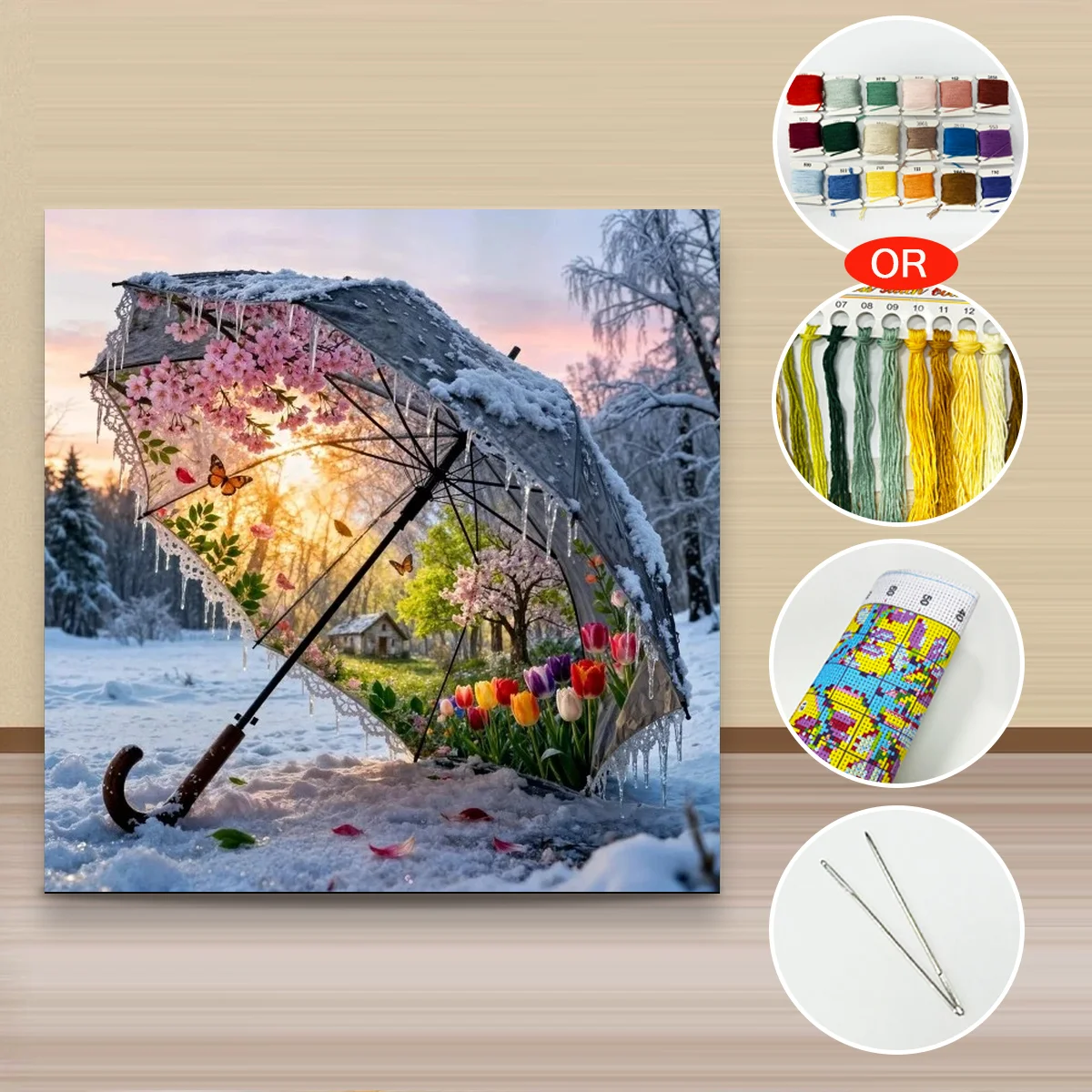 1 Stück 50x50cm/19,69 Zoll, 11Ct/14Ct Kreuzstich-Set, DIY Valentinstagsgeschenk, Stickerei-Set für Festlichkeiten, Blumen-Schirm-Schneelandschaft – Detail 2