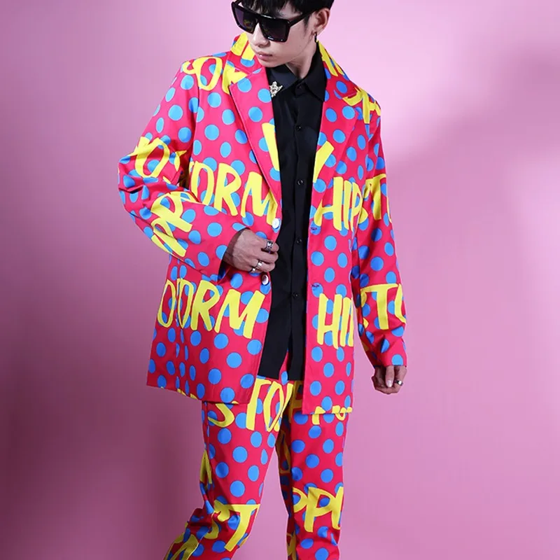 Korean Style Trendy Men Pink Letter Pattern Loose Blazers Suit Bar Nightclub Male Singer Concert Stage Suits Rap Hip Hop Costume