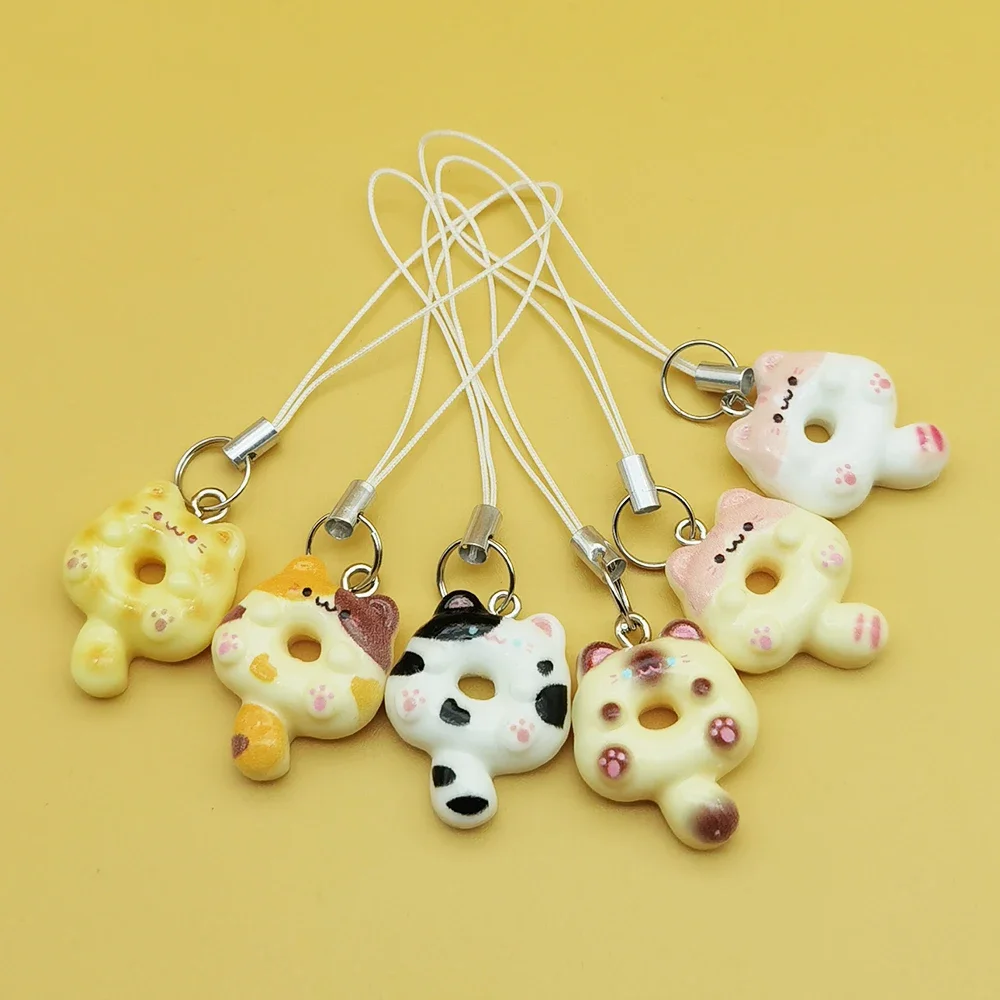 Adorable Kitten Donut Cat Phone Charm Strap Keycord Cute Lanyard Cellphone Case Pendant for Airpods Case Keychain Cord