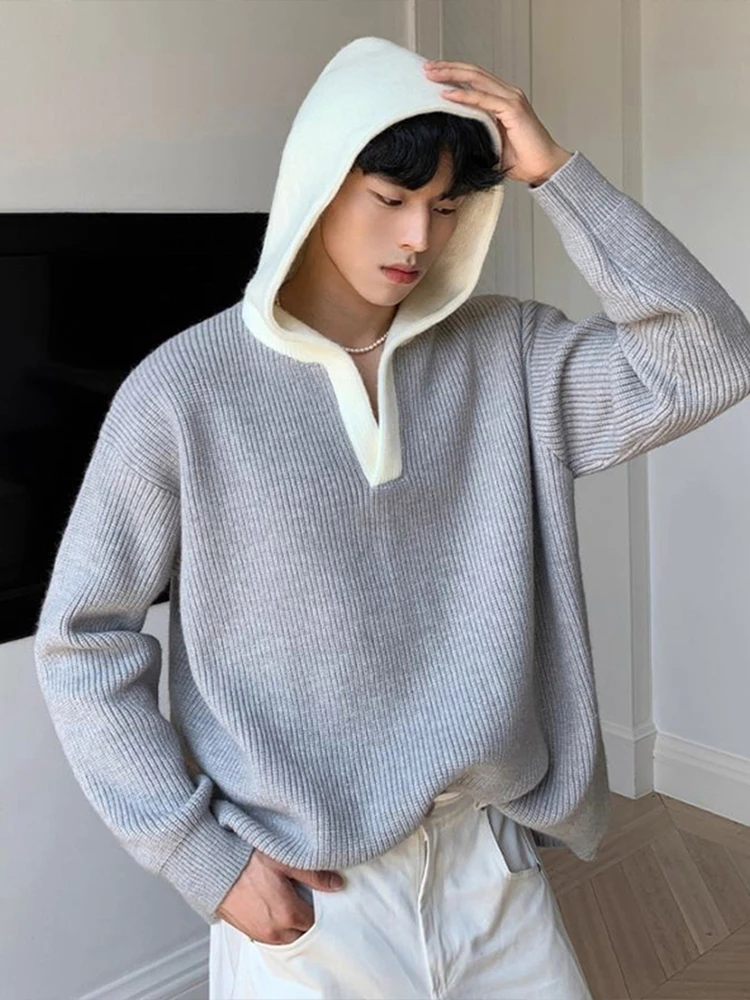 

Мужской повседневный модный вязаный свитер-худи в американском стиле с цветными блоками, V-образным вырезом, свободного кроя, для зимнего отдыха