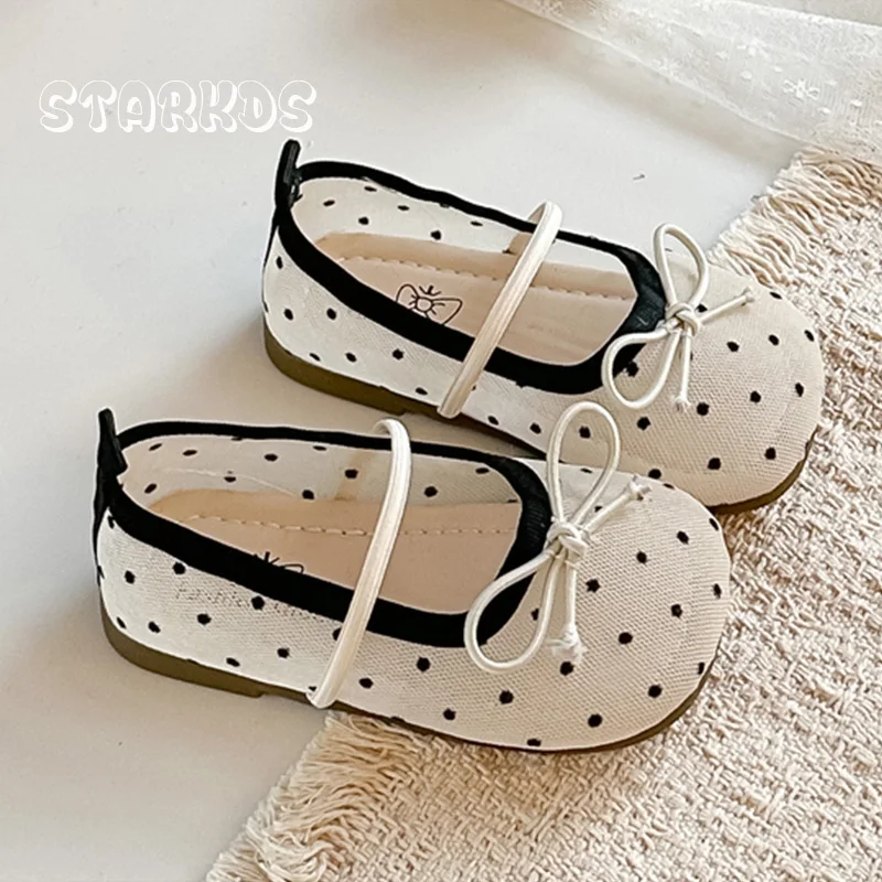Elegant Polk Dot Embroidery Mesh Ballerina Shoes Kid Girls Bowknot Elastic Band Ballet Flats Baby Child Silk Gauze Dress Shoes