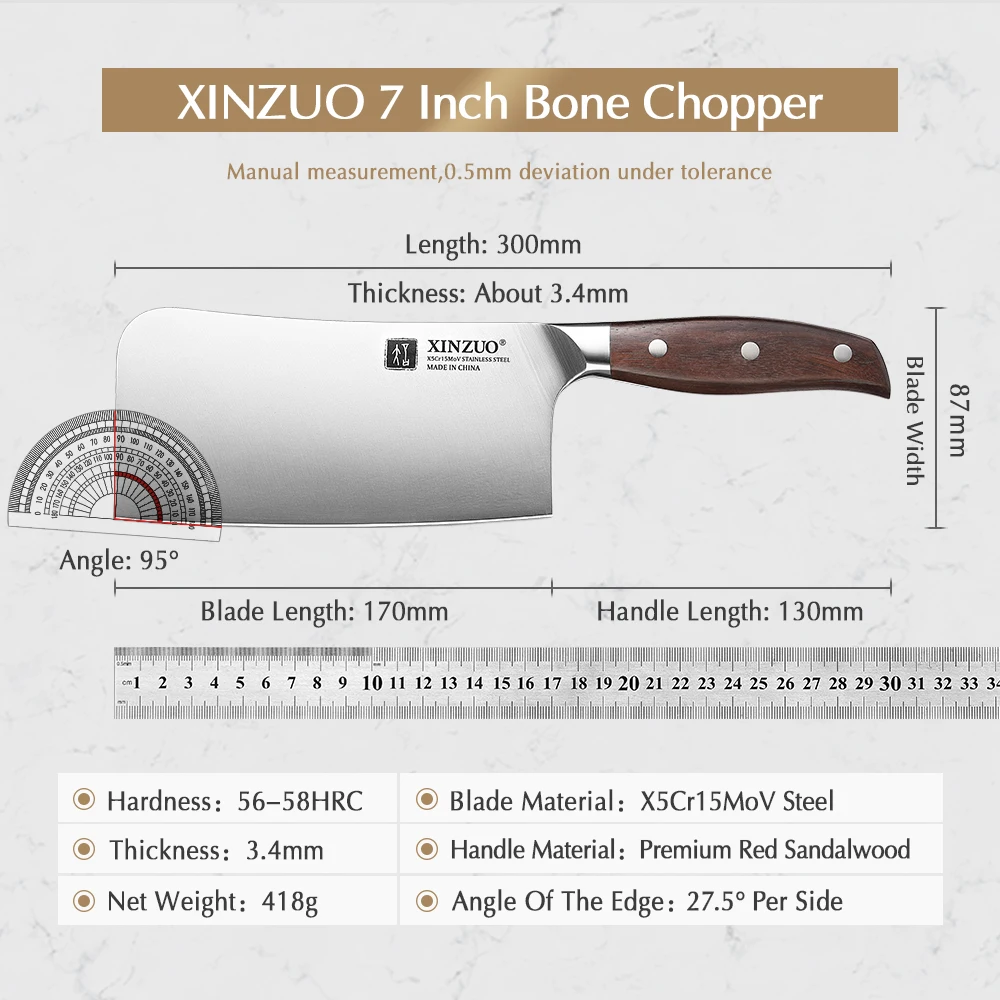 XINZUO 7\'\' inch Big Bone Chopper Knife X5Cr15MoV Steel Slicing Chef Cut Kitchen Knives Red Sandalwood Handle Cook Chopper Cutter