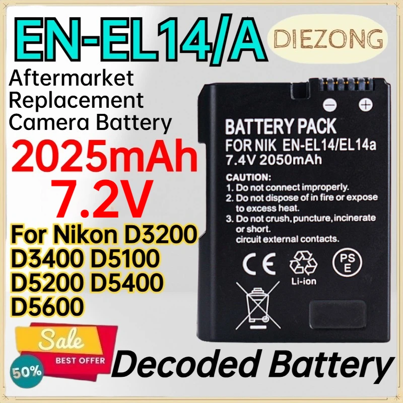 EN-EL14/A 2025mAh 7.2V Decoded Battery for Nikon D3200 D3400 D5100 D5200 D5400 D5600 Aftermarket Replacement Camera Battery