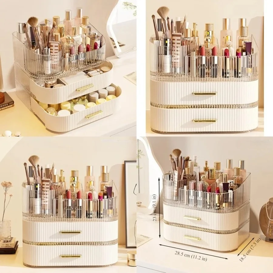 

Makeup Organizer with Drawers and 360° Rotating Brush Holder, Large Capacity Cosmetic Storage for Vanity, Skincare, Perfume, Hair Accessories, Lipstick & Jewelry (Cream White, 3-layer)
