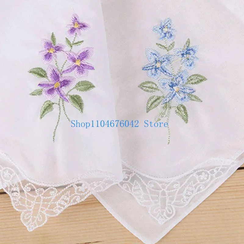 652F 3Pcs/Set Women Basic White Square Handkerchief Floral Embroidered Pocket Hanky B