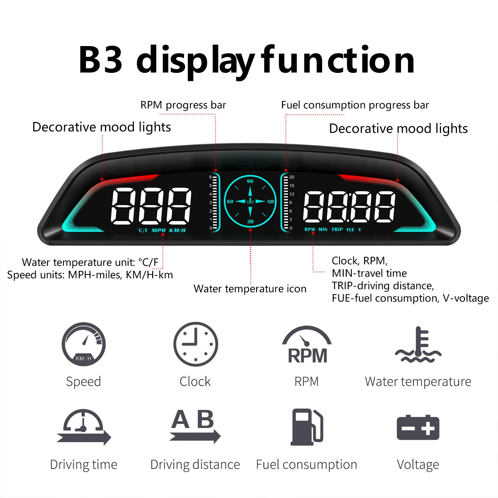 B3 HUD OBD2 Head Up Display Digtial Car Speedometer Gauge With Alarm Tachometer Water Temp Fuel Consumption Voltage Car Electron