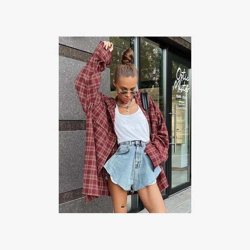 

American Red i Plaid Vintage Women's irt Loose Casual Long Sve Casual irt Fene Sle Classic Design