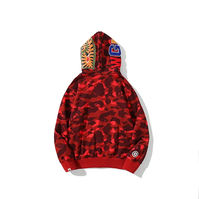 New AAPE BY A BATHING APE 100% Cotton Trendy Shark Zippered Hoodie for Men Fine Embroidery Loose Fitting Pure Cotton Hooded