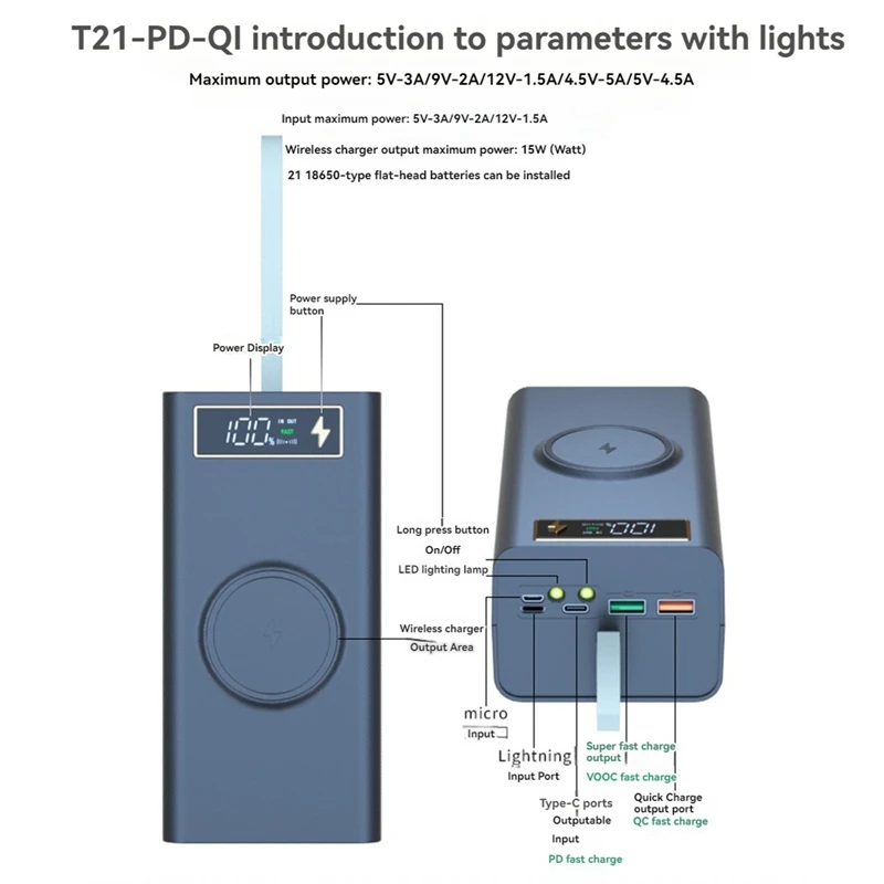 15W Wireless Fast Charge 21*18650 Powerbank Case PD QC For Phones Charging Push-Pull DIY Mobile Power Bank Shell B