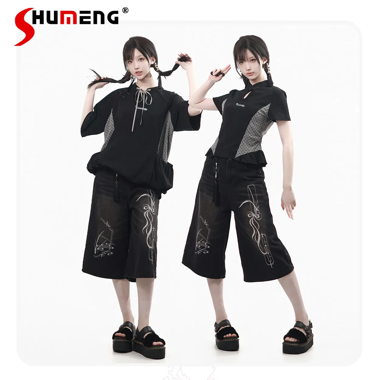

Original Design Y2k Sweet Cool Clothing Student Casual Matching Sets Summer New Polka Dot Splicing Short Sleeve Top Jeans Outfit