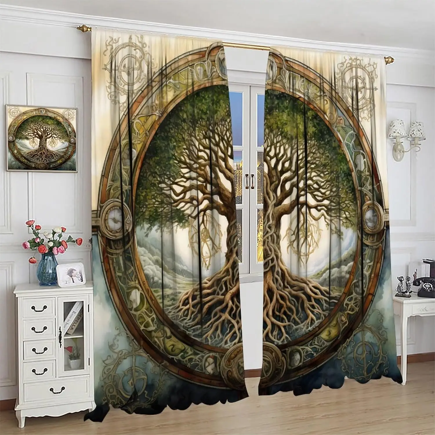 Vintage Large Tree Decor Curtains for Bedroom,Rustic Old Watercolour Mystic Magic Viking Forest Tree of Life Window Drapes Print