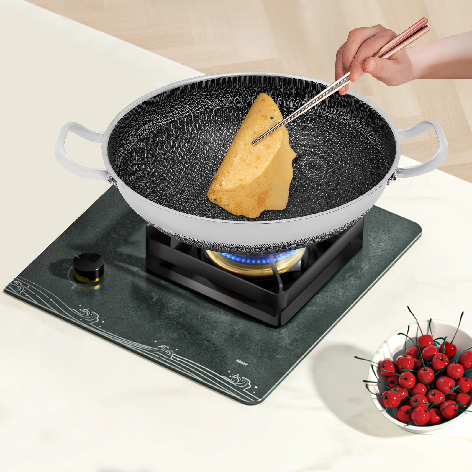 Sartén de Acero Inoxidable de 36 cm con 2 Asas/Tapa, Sartén para Huevos, Sartén Antiadherente para Panqueques, Utensilios de Cocina para el Hogar