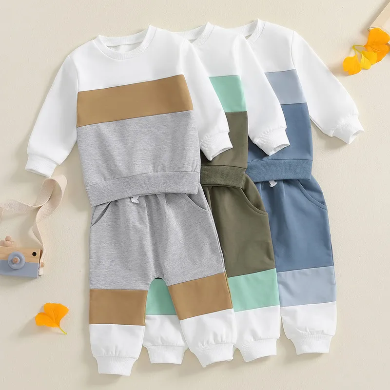 RUEWEY 0 to 3 Years Toddler Boy Pant Sets Autumn Clothes Contrast Color Long Sleeve Crew Neck Sweatshirt with Elastic Waist Pant