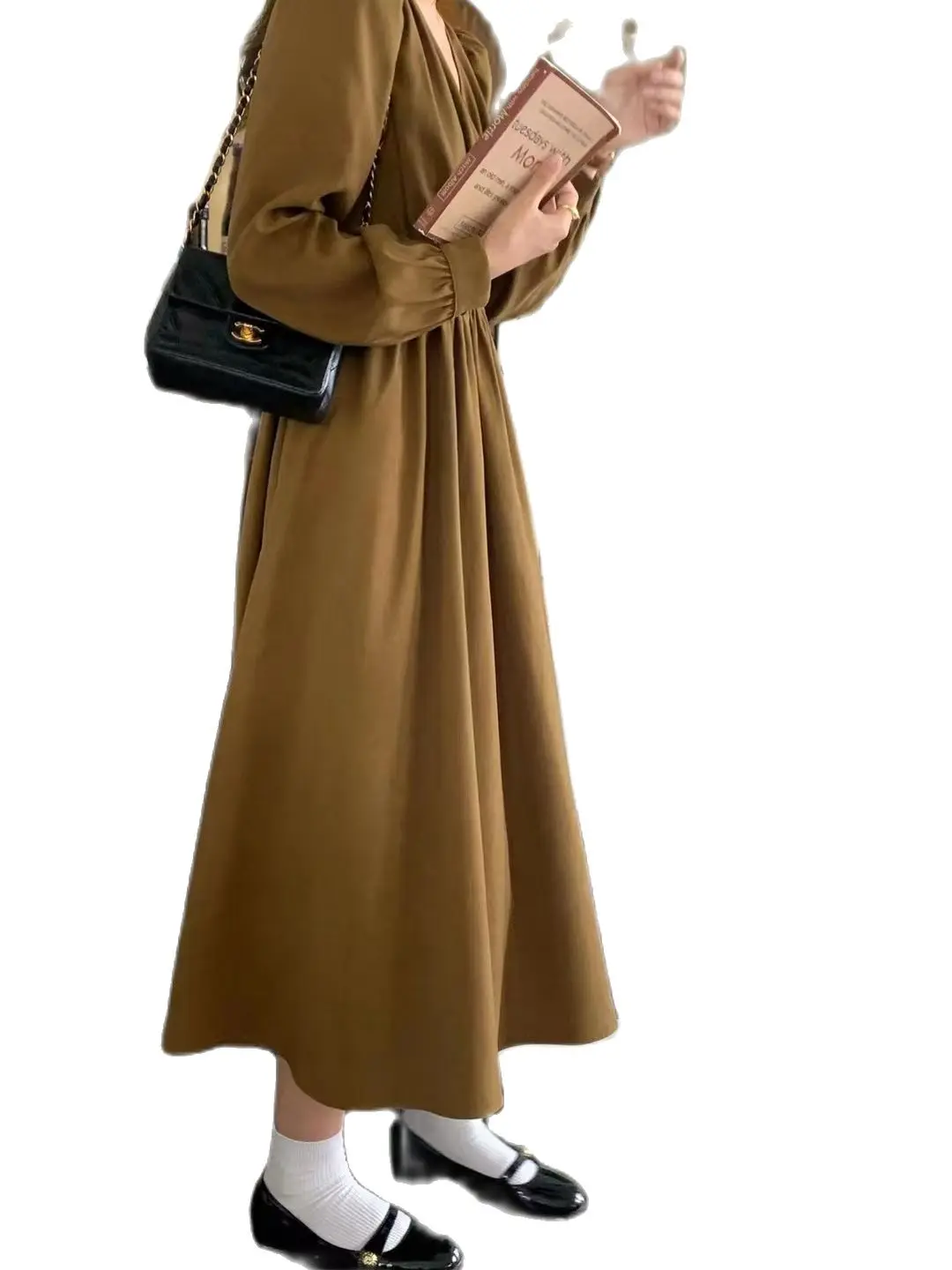 French Style Elegant Female Long Dress Puff Sleeve Cross V-Neck Elastic Waist Woman Vintage Dress Lady Dress Black Coffee Khaki