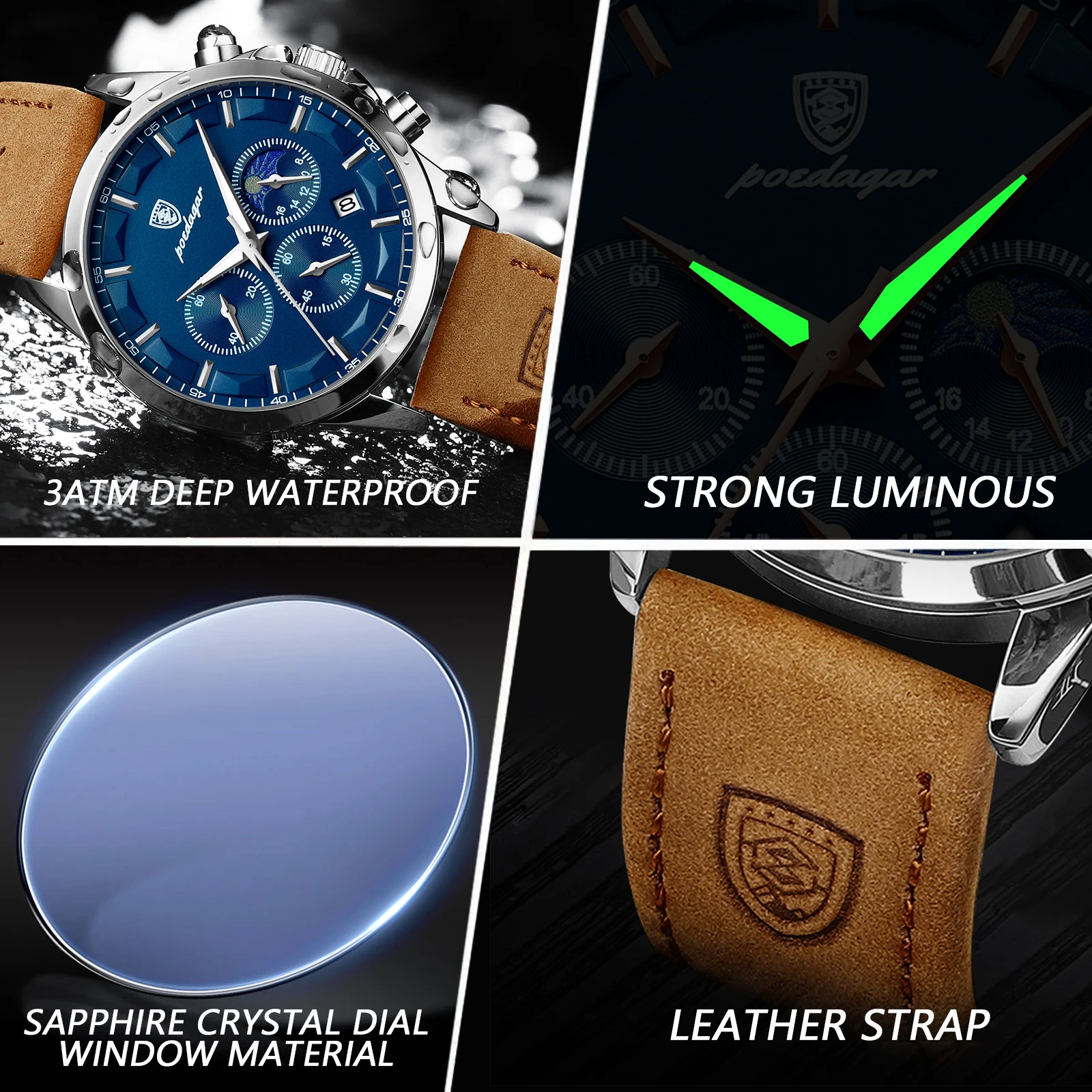 POEDAGAR Fashion Original Men's Watches Leather Date Chronograph Quartz Watch for Man Waterproof Luminous Casual New Trend Watch