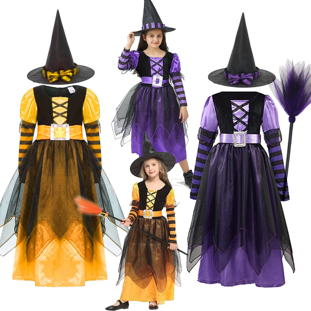 Girls Cosplay Costume Dress Kids Witch Role Play Outfit Striped Long Sleeve Tulle Dress for Halloween Dress Up Party