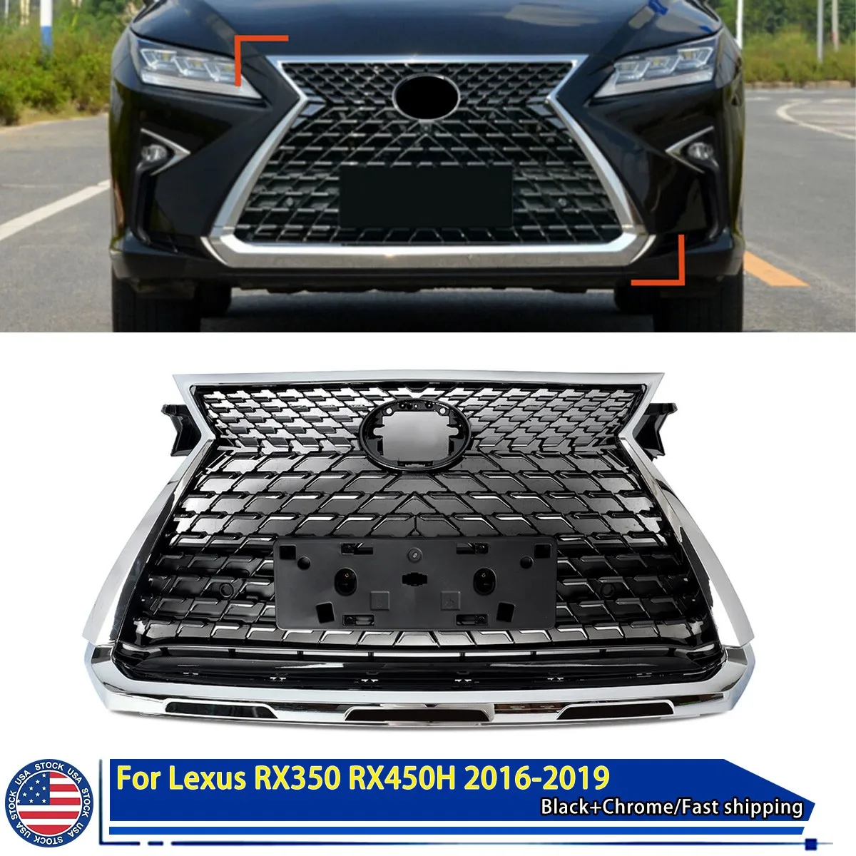 Front Bumper Grill For Lexus RX350 RX350L RX450h 2016 2017 2018 2019 Front Upper Grille Black Chrome Molding Replace Directly