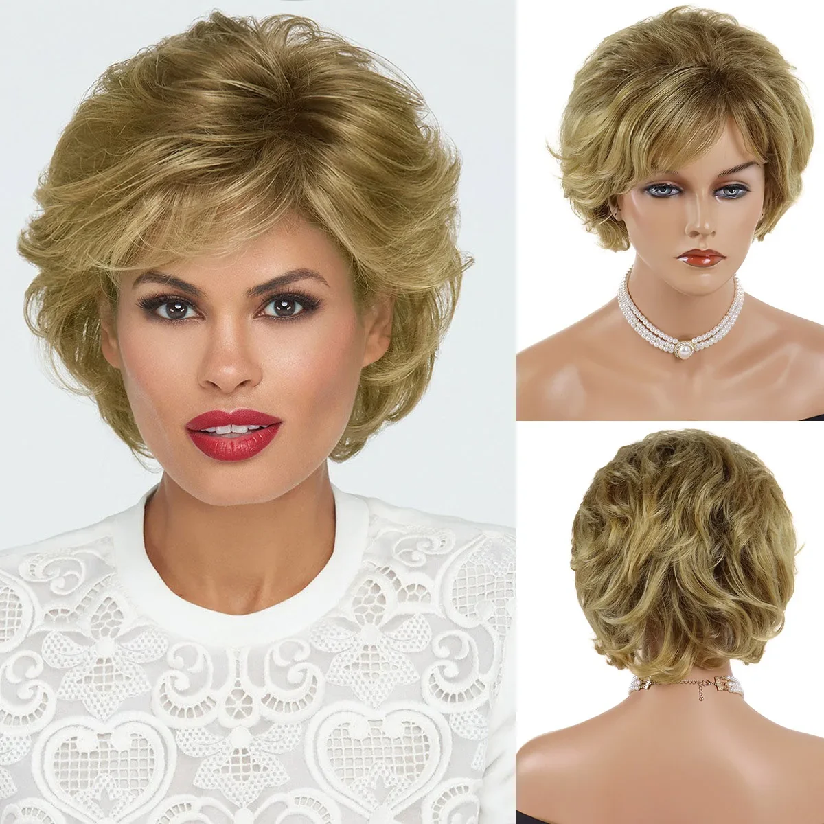 

GNIMEGIL Synthetic Hair Short Curly Wigs for Women Gradient Golden Blonde Wig with Bang Layered Haircut Natural Wig Gift Costume