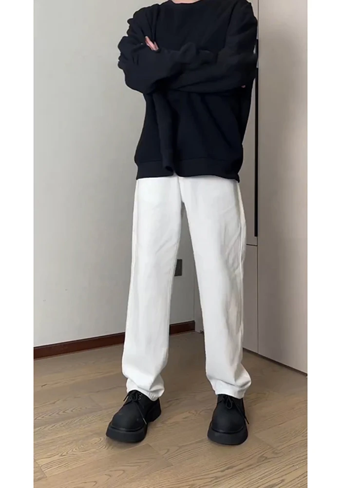 

White Fce Lined Soft Denim Jeans Men's Autumn Winter Sle Bell Bot Long Leg Lengthening American Teenager OOTD