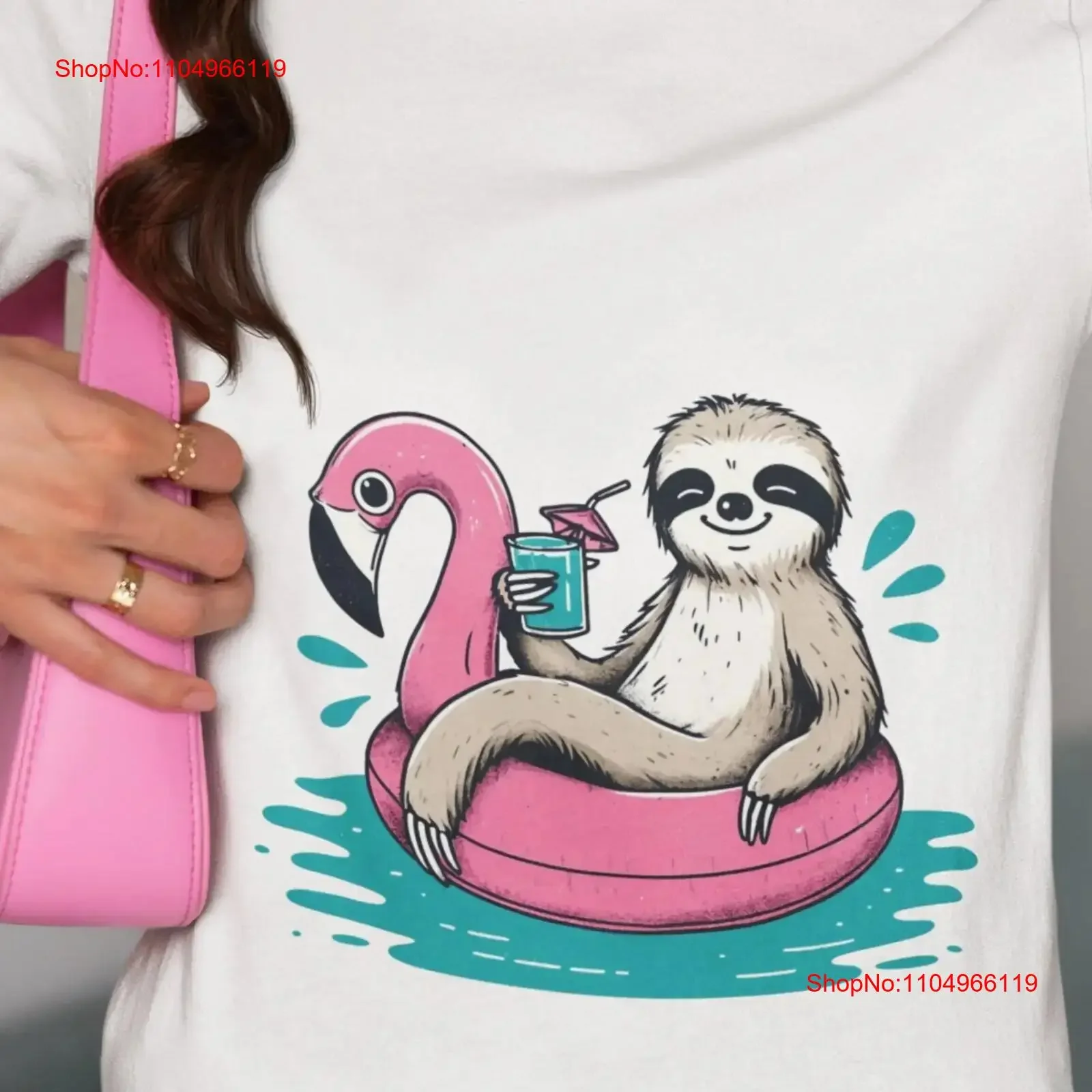 

Relaxing Sloth on Flamingo Pool Float T Shirt Cute Summer Fun Animal Lover Beachwear Top Party vintage Washed Casual Breathable