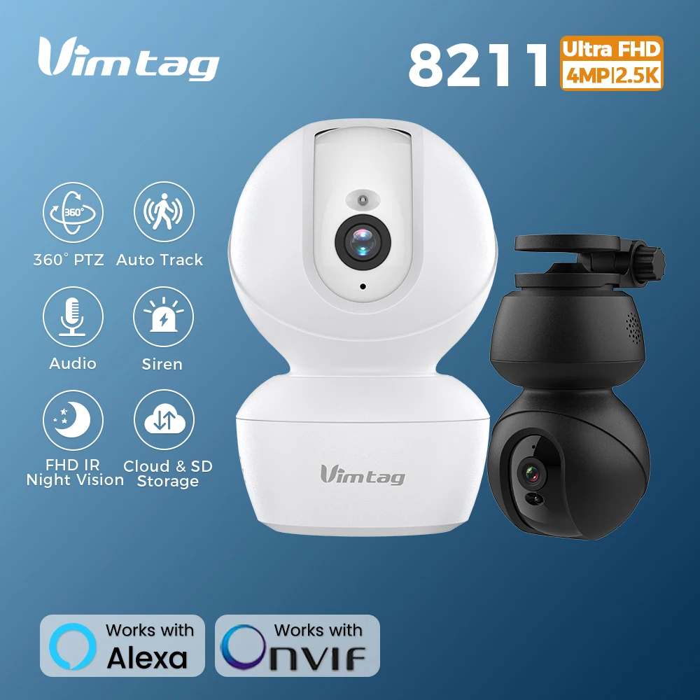 VIMTAG 4MP beveiligingscamera WIFI CCTV-camera 360 °   PTZ Auto Track 2-weg audiosirene IR Nachtzicht IP-camera voor binnenbewaking