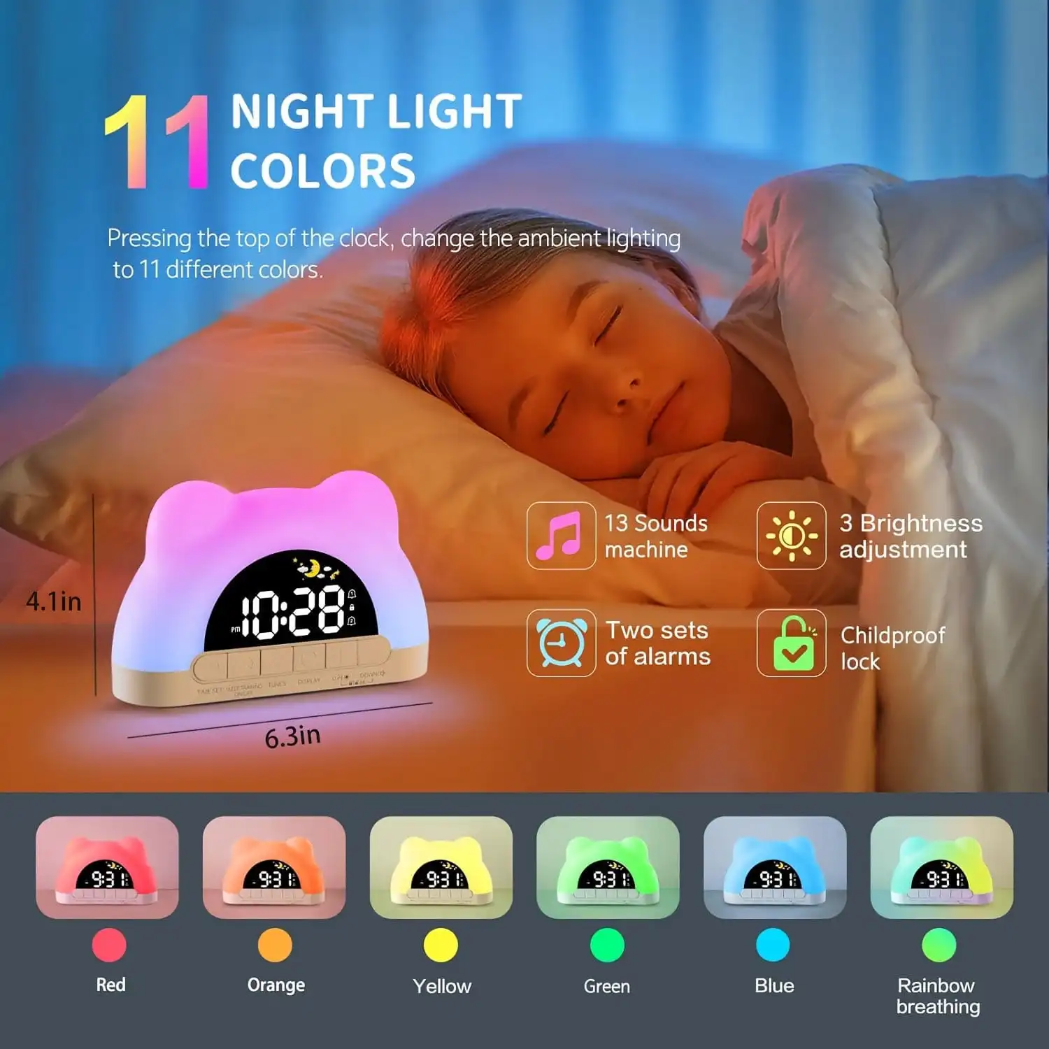 Alarm Clock With Night Light, Children's Alarm Clock, Wake-Up Color-Changing Alarm Clock, 11-Color Night Light Cat Clock, 10 Types Of Soothing Music, Child Lock, Dual Alarms, Sleep Training, Perfect Birthday Or New Year Gift