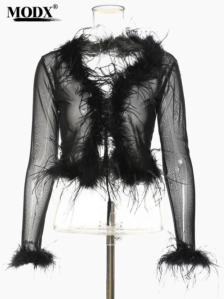 

[modx] Black Mesh Perspective Cuff Feather Blouse Women New V-neck Long Sleeve Shirt Fashion Tide Spring Autumn 2024