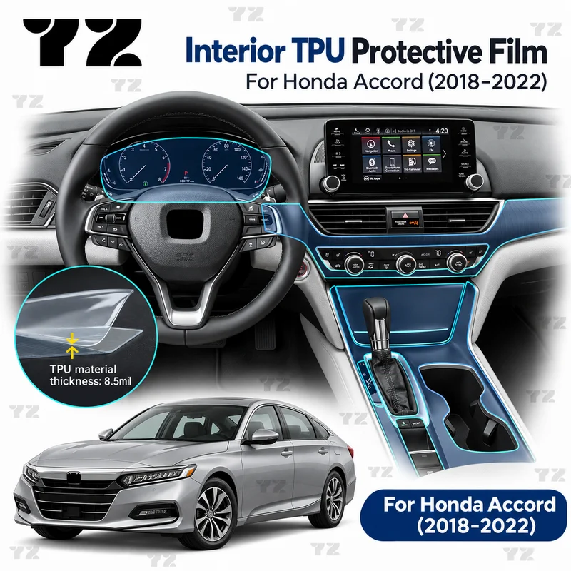 YZ Interior TPU Protective Film For Honda Accord 2018 2019 2020 2022 Scratch Resistant Invisible Layer