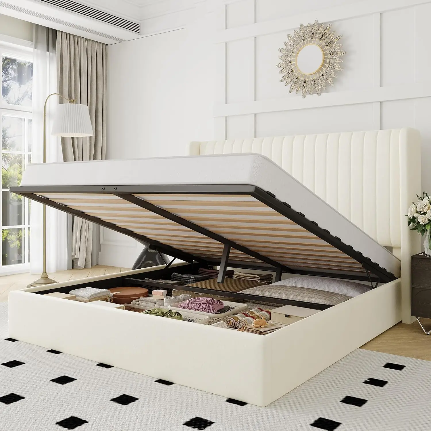 Queen Queen Size Lift Up Storage Bed Frame Channel Tufted Headboard Cream | Hydraulic Support System,Upholstered Platform, Customized - Aliexpress Deal