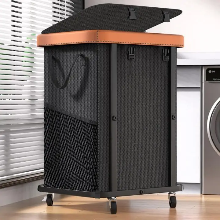 

150L (40 Gal) Large Fashion Laundry Basket with Wheels, Leather Patchwork Rolling Hamper Carts, Sturdy Metal Frame, Remo