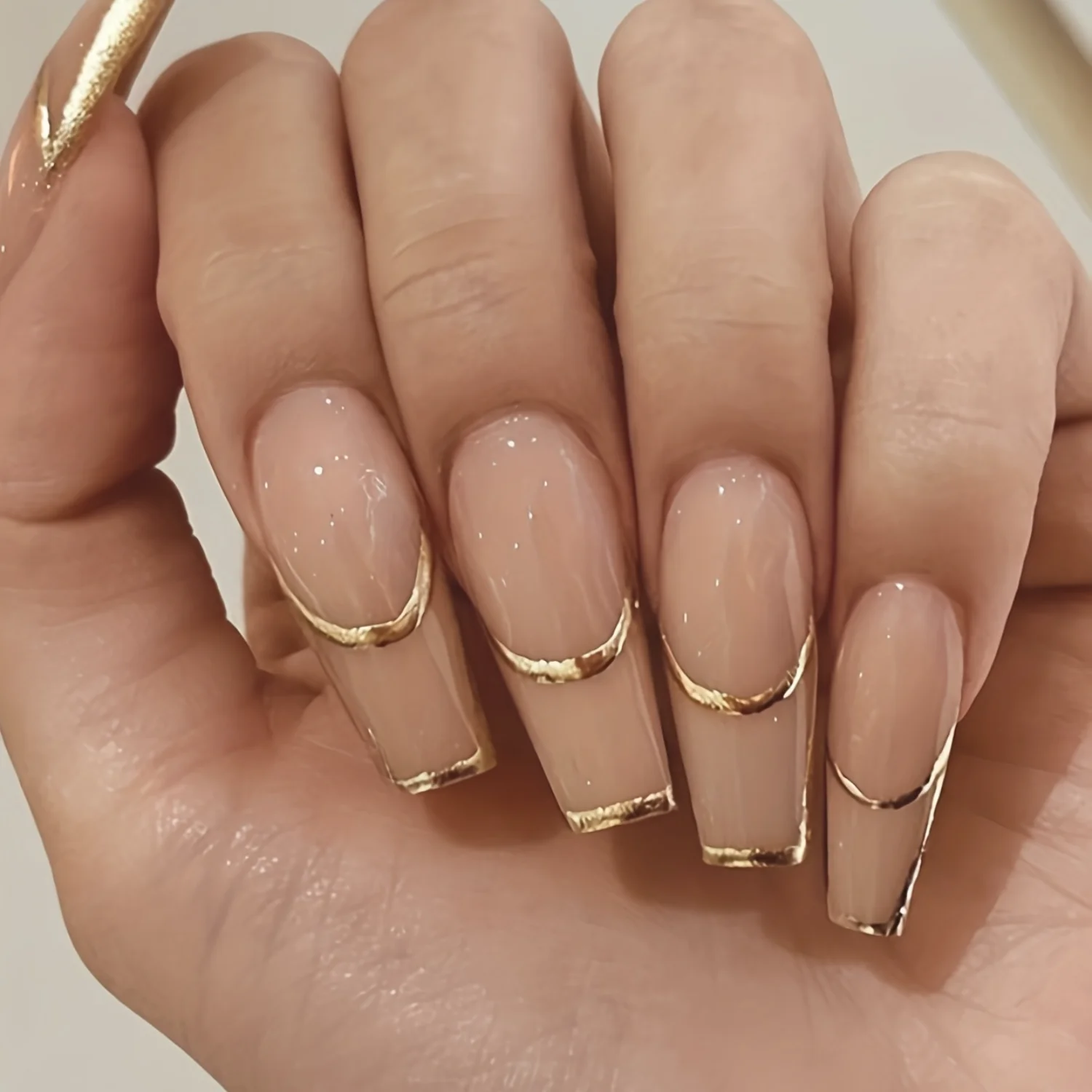 24pcs Golden Phnom Penh French Nails - Long Lasting Press On Coffin Artificial Nails for Women - Stick On Nails with  Design