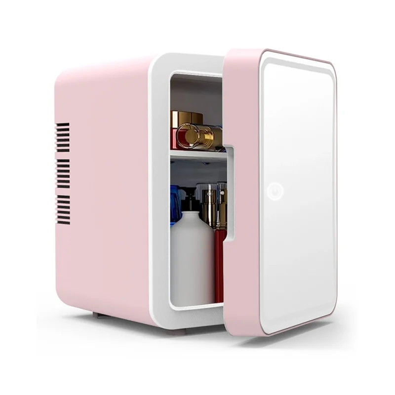Tragbarer 4-Liter-Kosmetikkühlschrank – Mini-Beauty-Kühlschrank mit LED-Licht und Spiegel für die Hautpflege (12 V, Rosa, Schlafzimmer/Bürogebrauch) ​