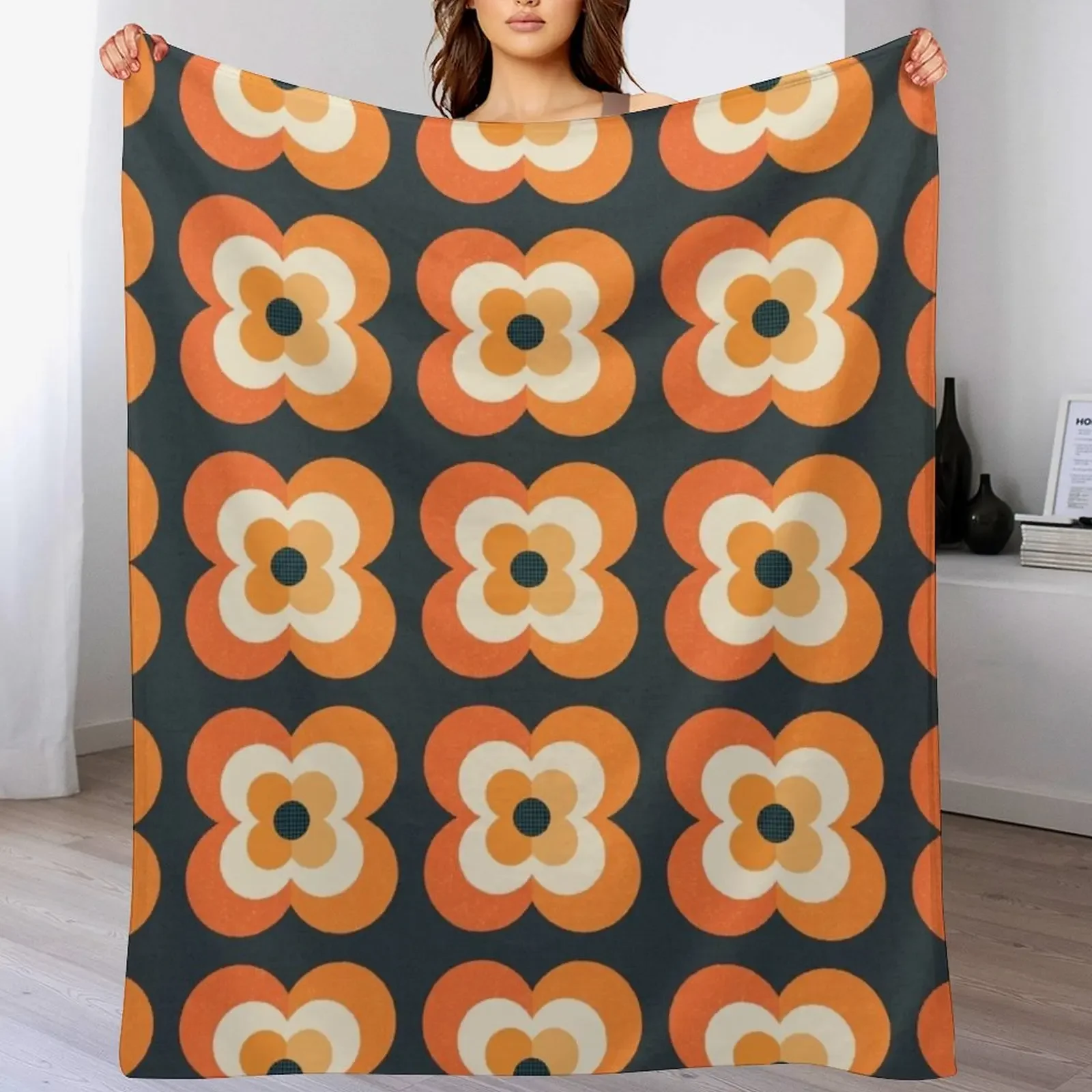 

Retro Flowers - Orange and Charcoal Throw Blanket Soft Retros Quilt Luxury Blankets