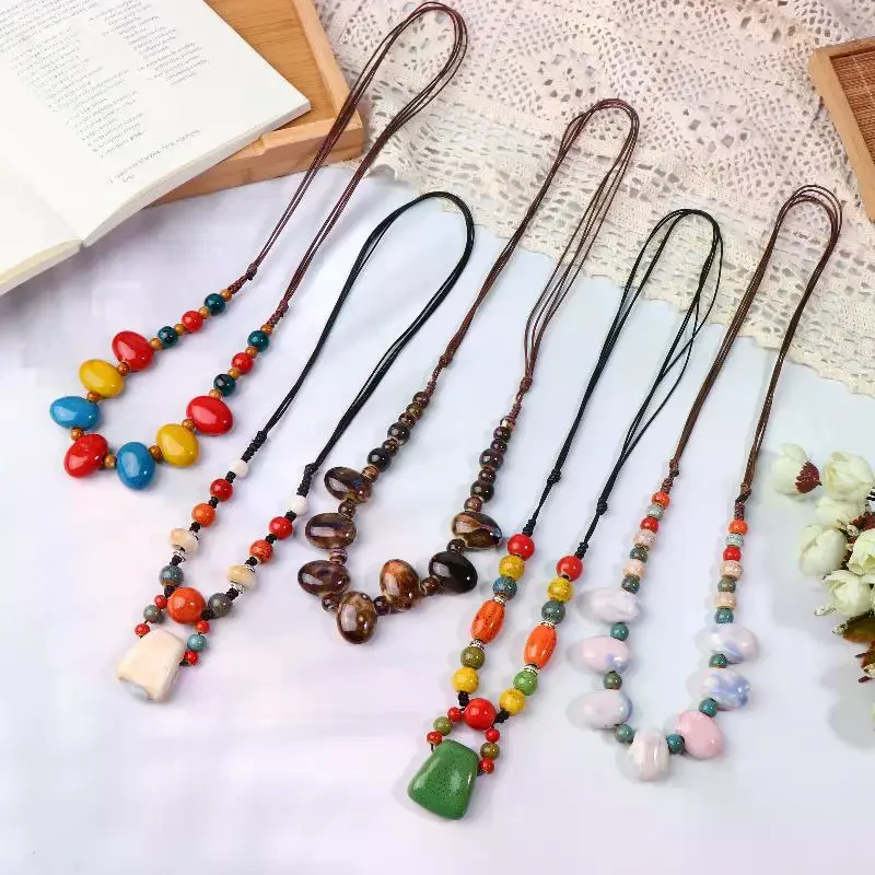 Colorful Ceramic Bean Necklace Handmade Boho Pendant Adjustable Vintage Jewelry For Women Gift