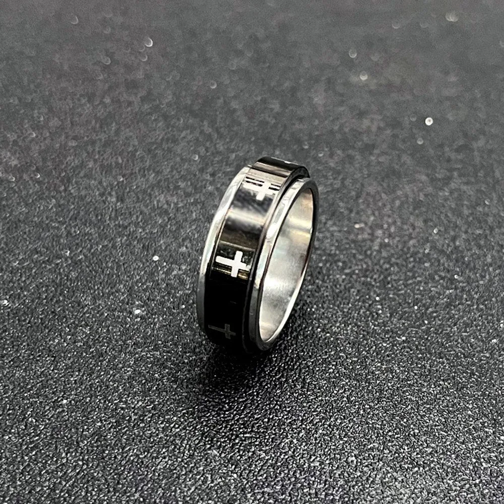Rotatable Metal Cross Ring For Men Women White In Black Stainless Steel Ring Punk Gothic Accessories Christian Jewelry Gift