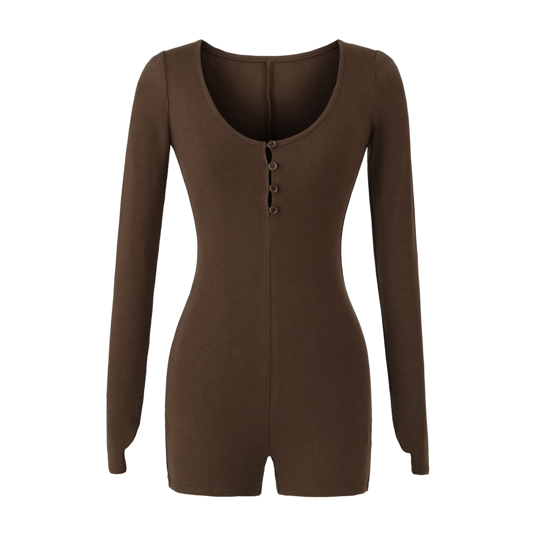 Jumpsuit bodysuit wanita lengan panjang berkancing pendek