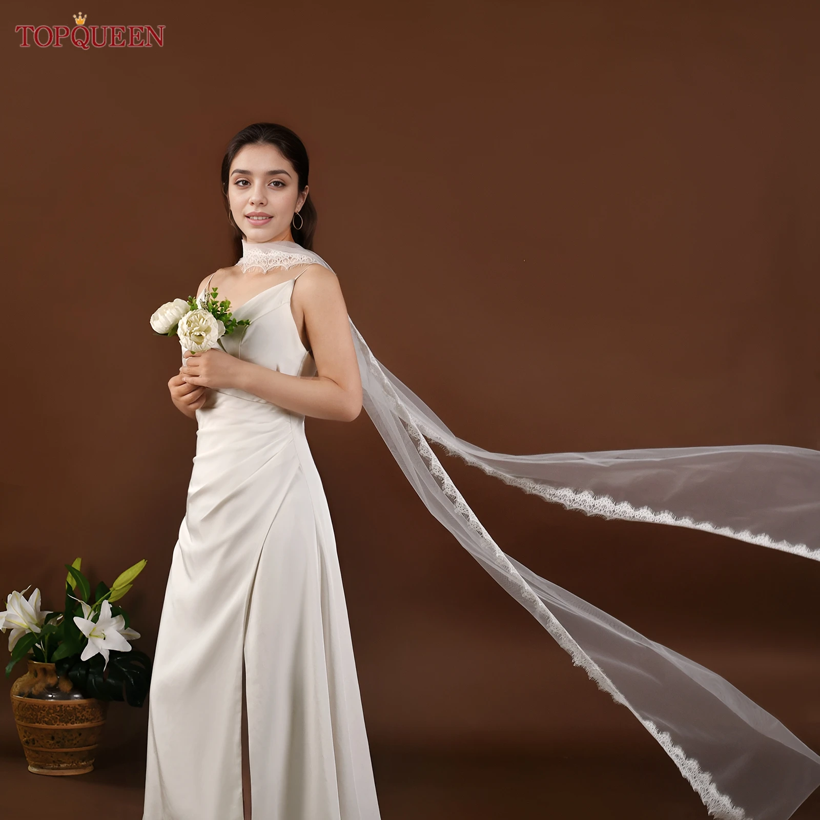 

TOPQUEEN кружевная шифоновая шаль, аксессуары для свадебного платья, атмосфера, дрейфующая лента, свадебные аксессуары, можно настроить Vg133