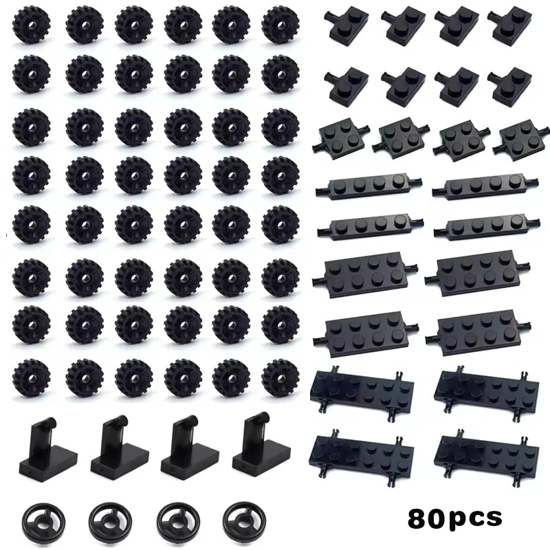 Строительный блок, черные колесные оси, набор городских автомобильных шин, модель DIY, пластина вала, аксессуары, сборная строительная игрушка для детей, кирпичи