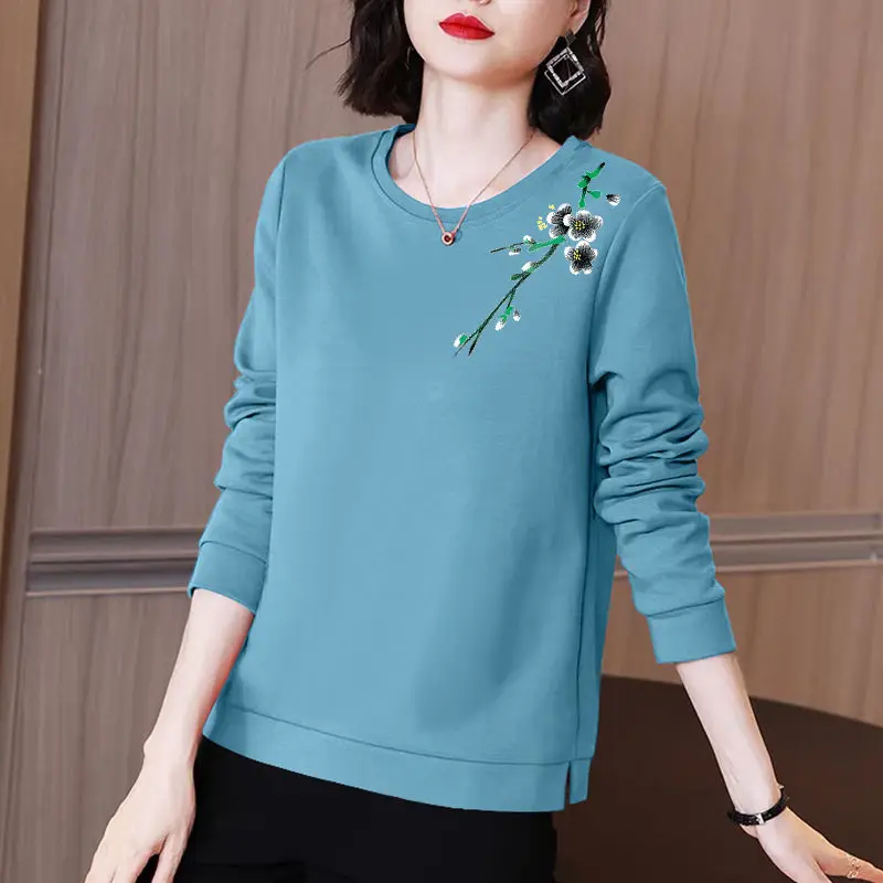 Elegant Fashion Floral Print Solid Color T-shirt Women\'s Clothing Autumn Winter New Casual Long Sleeve O-Neck All-match Tops