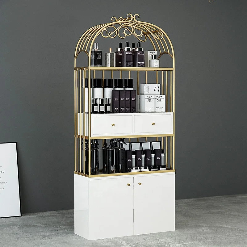 

2025customized.Golden Cosmetics Display Cabinet Organizer Modern Makeup Display Stand Furniture Hair Salon Beauty Salon