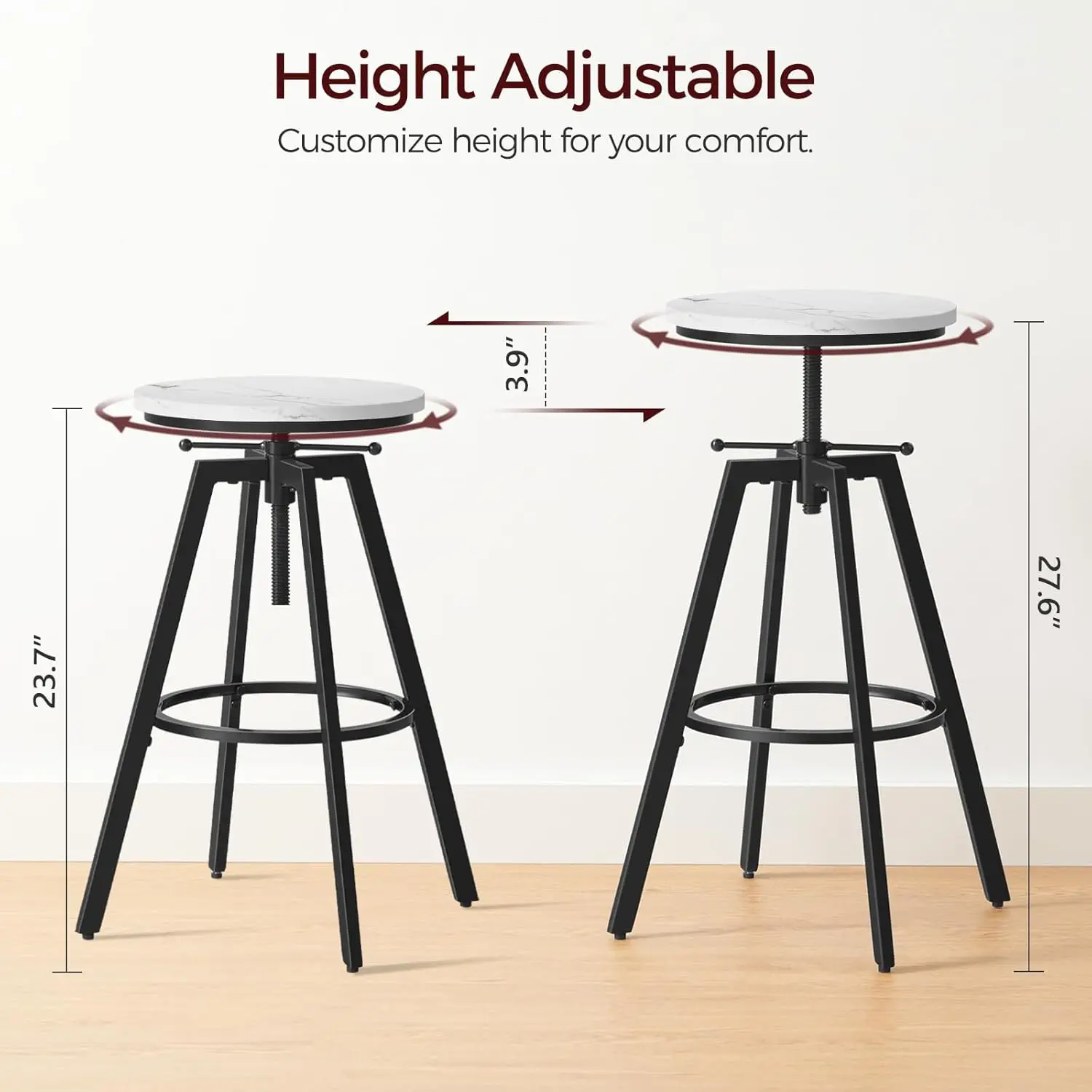 Set of 2 Industrial Bar Stools, Height Adjustable, Kitchen Breakfast Bar Stools, for Bar, Dining Room