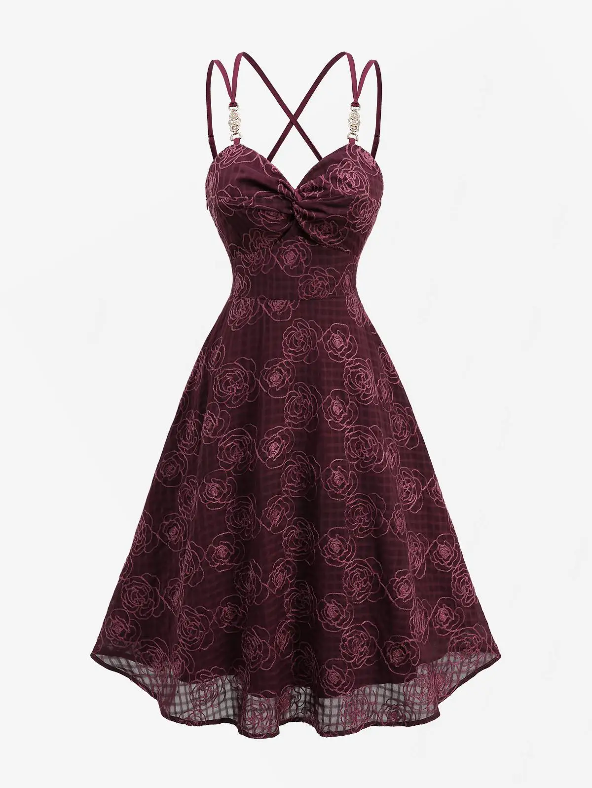 ชุดเดรสปาร์ตี้ฤดูร้อนปี 2026 ลายดอกกุหลาบแดง ปักลายตาราง ผ้าพันไขว้ ทรงเอไลน์ สายเดี่ยว ชุดลำลองสำหรับผู้หญิง