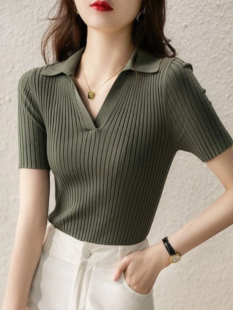 Polo Neck Shirt for Women Knitted Plain Woman T Korean Clothing Casual Tops Short Sleeve Tee Youth Basic Summer 2024 Aesthetic