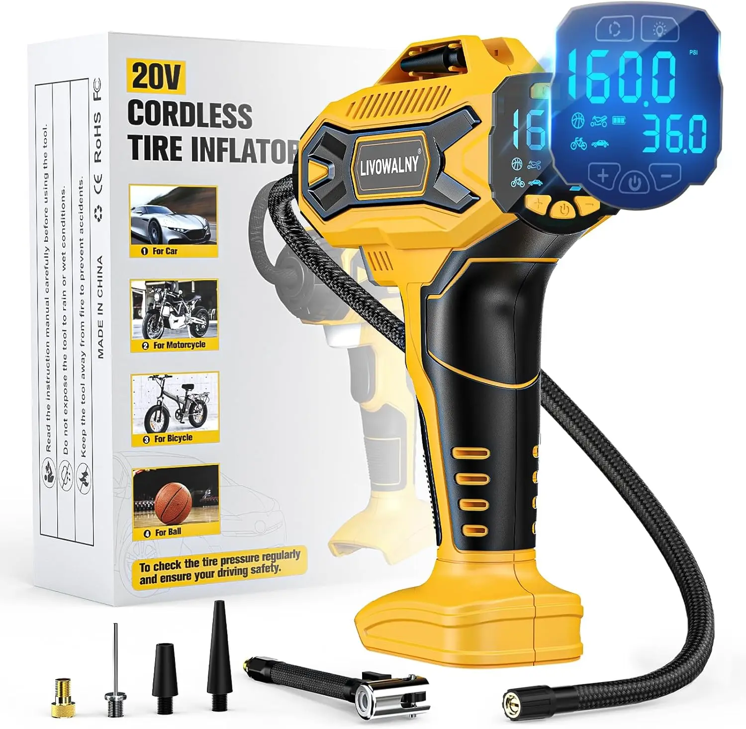 

160 PSI Cordless Air Compressor with Digital Gauge, Portable Electric Pump for Car Tires and Sports Balls